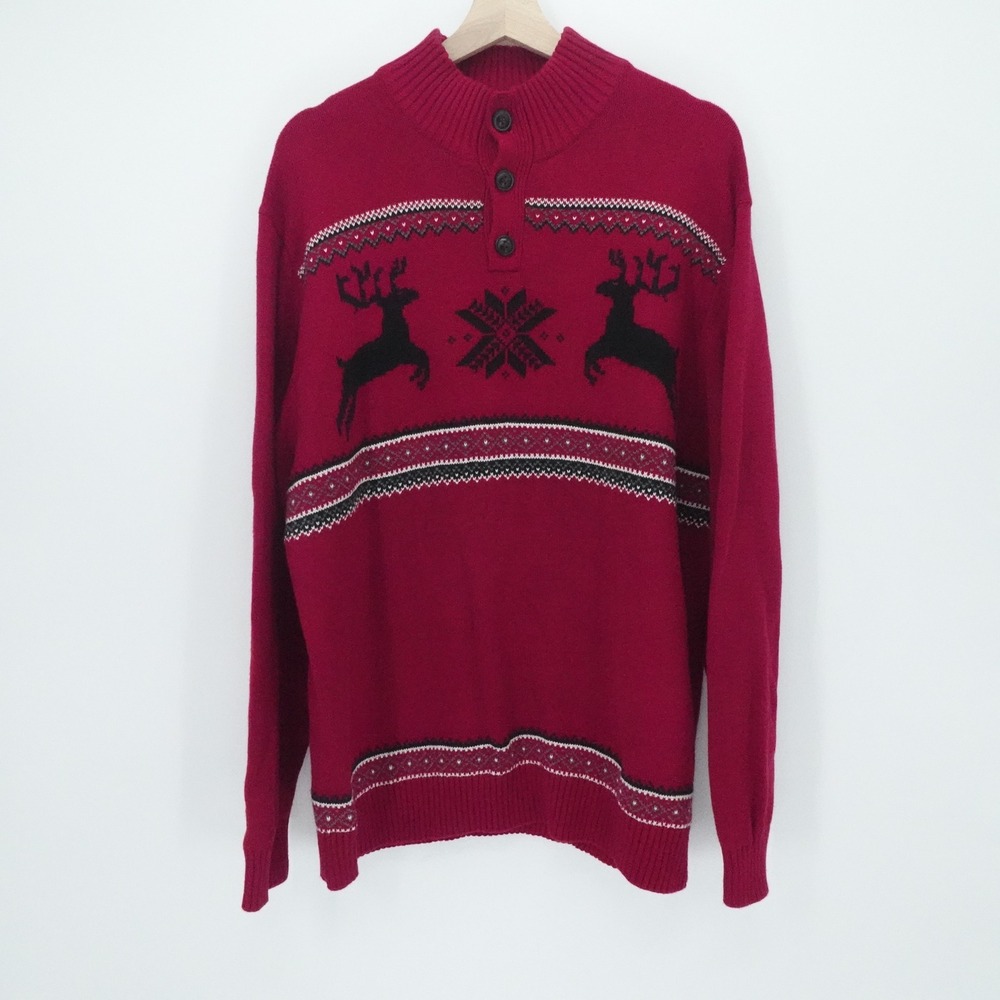 Alan Flusser Sweater Mens XL Red Reindeer Fair‎ Isle Cotton Henley Holiday Knit